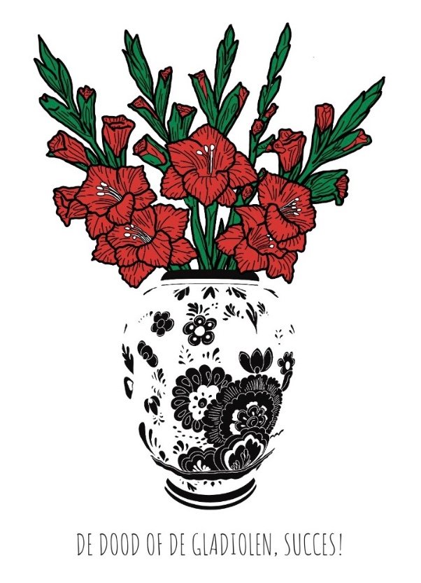Postcard De dood of de gladiolen, succes! (red-green-black)